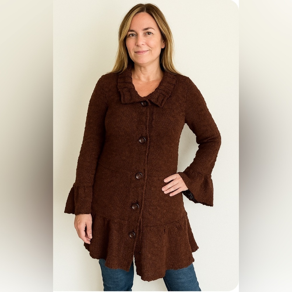 Fever Sweater Womens Large Long Button Up Chunky Knit Flare Sleeve Boho Fall